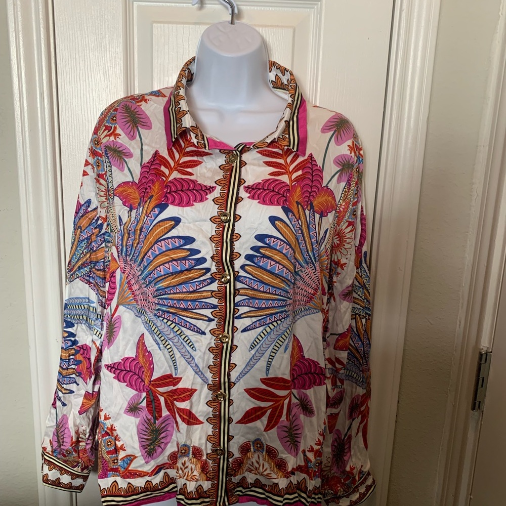 Tropical Botanical Print Button-Up Blouse - Pink, Blue & Orange